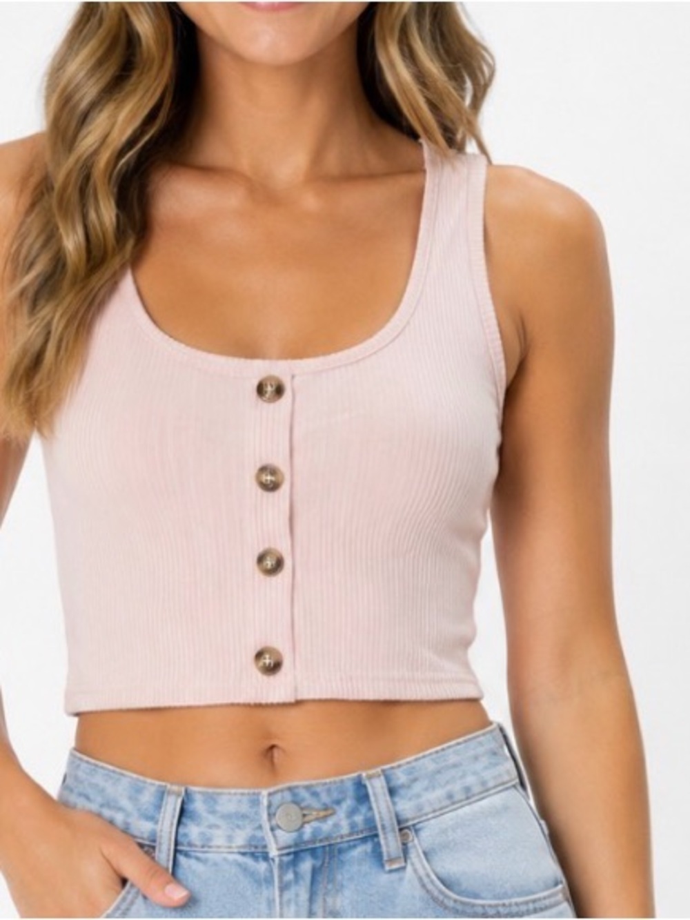 RomWe Ribbed Button-Front Crop Tank Top - Light Pink SZ LG